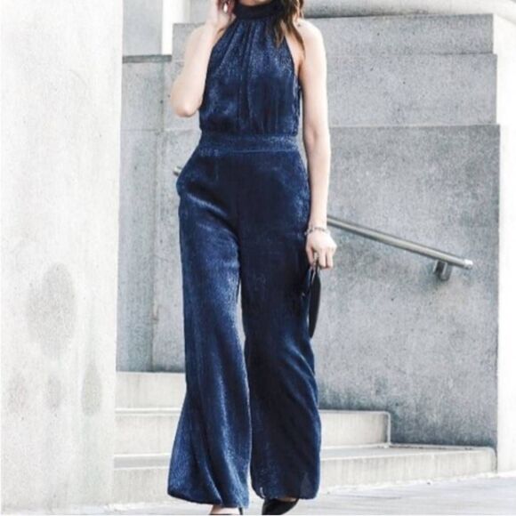 Anthropologie Velvet Nova Jumpsuit Sz 0 Navy Blue Textured Sleeveless Straight - Picture 13 of 13